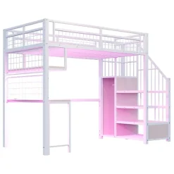 Lit mezzanine en métal 90x200 cm avec LED - prise de recharge - échelle de rangement - étagères et bureau - blanc (sans matelas)