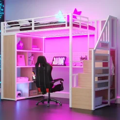 Lit mezzanine en métal 90x200 cm avec armoire et bureau - avec LED - compartiments de rangement - blanc (sans matelas)