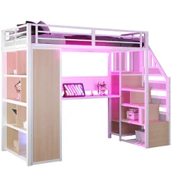 Lit mezzanine en métal 90x200 cm avec armoire et bureau - avec LED - compartiments de rangement - blanc (sans matelas)