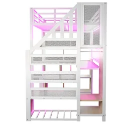 Lit mezzanine en métal 90x200 cm avec armoire et bureau - avec LED - compartiments de rangement - blanc (sans matelas)