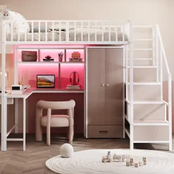 Lit mezzanine en métal 140x200 cm avec LED - avec étagères - armoire+tiroir - échelle de rangement - blanc (sans matelas)