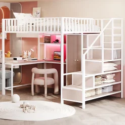 Lit mezzanine en métal 140x200 cm avec LED - avec étagères - armoire+tiroir - échelle de rangement - blanc (sans matelas)