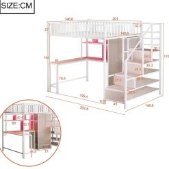 Lit mezzanine en métal 140x200 cm avec LED - avec étagères - armoire+tiroir - échelle de rangement - blanc (sans matelas)