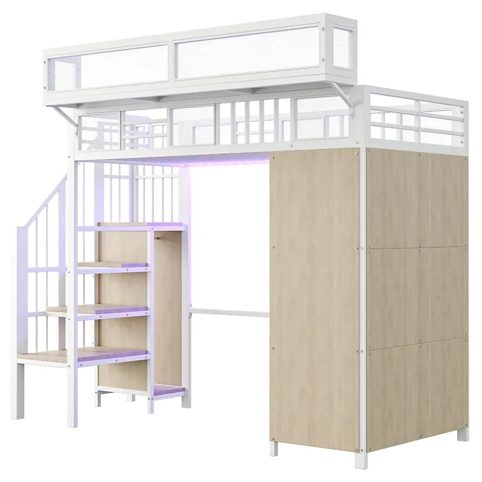 Lit mezzanine en métal 90x200cm avec armoire - échelle de sécurité - avec LED - barrières de sécurité - blanc (sans matelas)