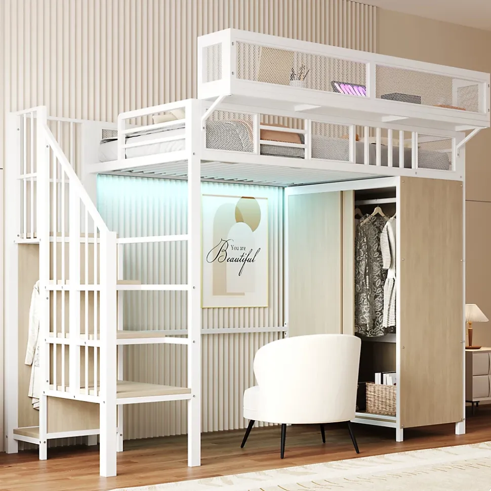 Lit mezzanine en métal 90x200cm avec armoire - échelle de sécurité - avec LED - barrières de sécurité - blanc (sans matelas)
