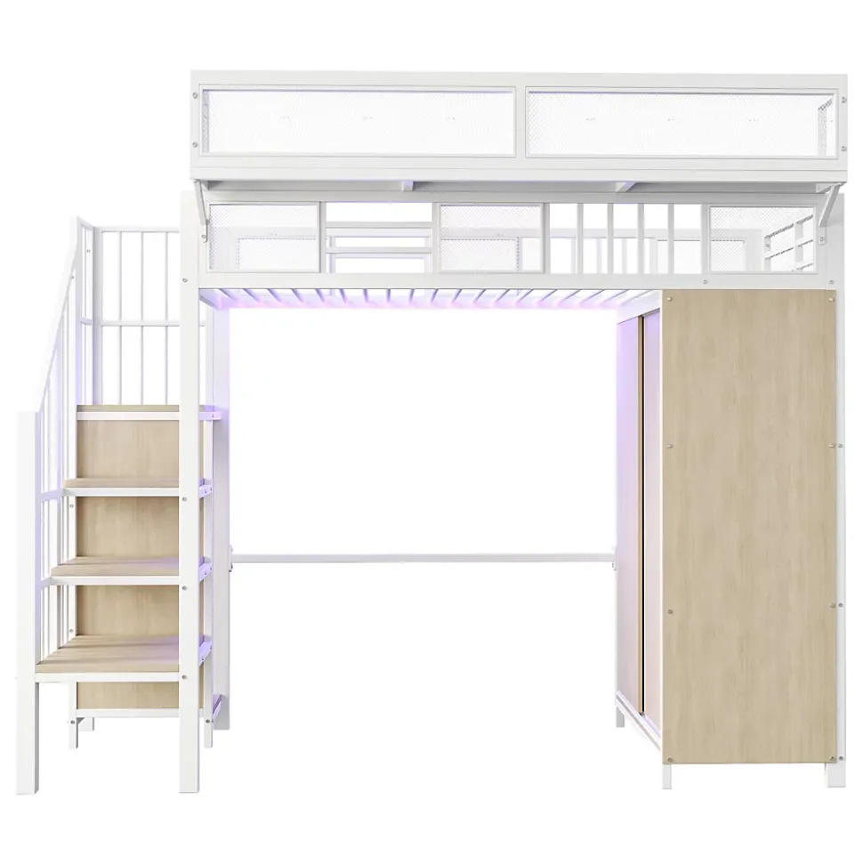 Lit mezzanine en métal 90x200cm avec armoire - échelle de sécurité - avec LED - barrières de sécurité - blanc (sans matelas)
