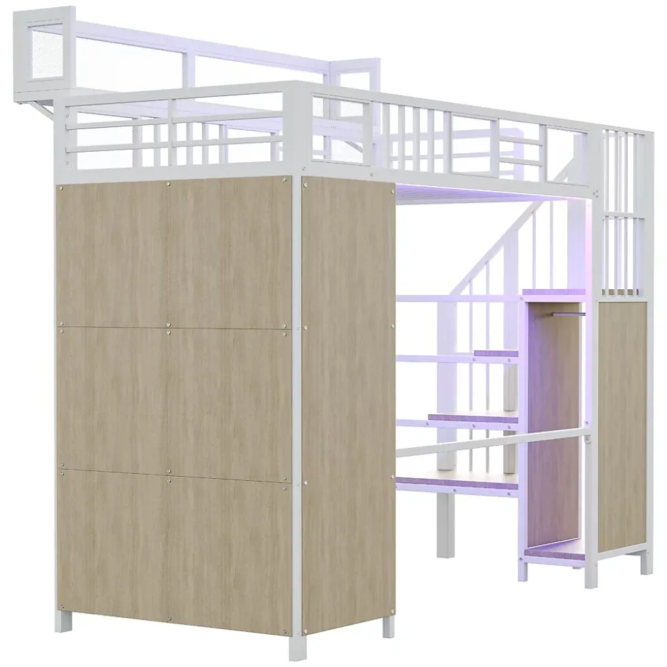 Lit mezzanine en métal 90x200cm avec armoire - échelle de sécurité - avec LED - barrières de sécurité - blanc (sans matelas)