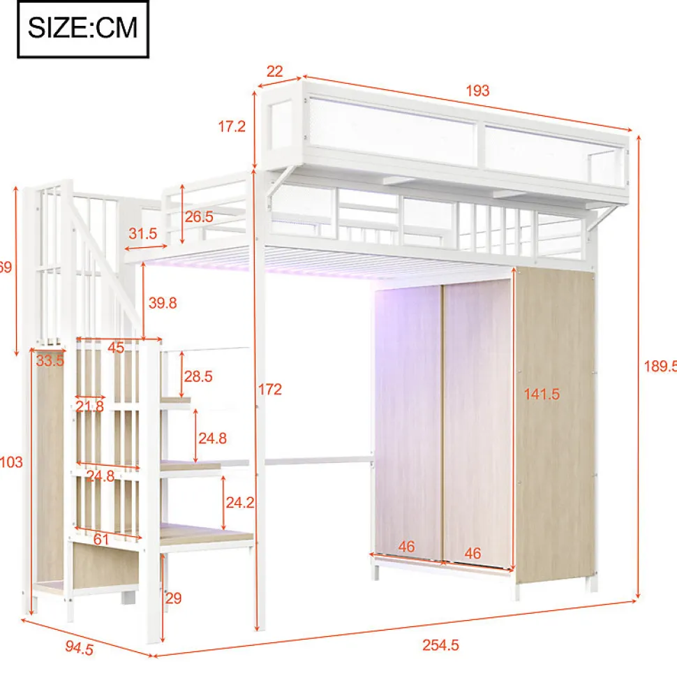 Lit mezzanine en métal 90x200cm avec armoire - échelle de sécurité - avec LED - barrières de sécurité - blanc (sans matelas)