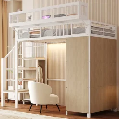 Lit mezzanine en métal 90x200cm avec armoire - échelle de sécurité - avec LED - barrières de sécurité - blanc (sans matelas)