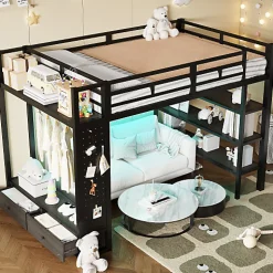 Lit mezzanine en métal 140x200cm avec LED - Armoire ouverte et 2 tiroirs - Étagères+panneaux de rangement - Noir (sans matelas)