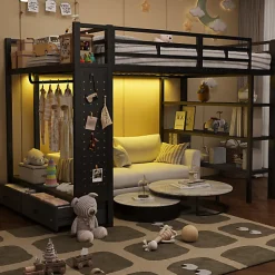 Lit mezzanine en métal 140x200cm avec LED - Armoire ouverte et 2 tiroirs - Étagères+panneaux de rangement - Noir (sans matelas)