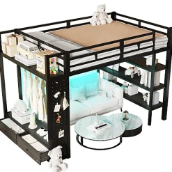 Lit mezzanine en métal 140x200cm avec LED - Armoire ouverte et 2 tiroirs - Étagères+panneaux de rangement - Noir (sans matelas)
