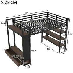 Lit mezzanine en métal 140x200cm avec LED - Armoire ouverte et 2 tiroirs - Étagères+panneaux de rangement - Noir (sans matelas)