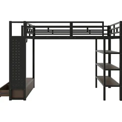 Lit mezzanine en métal 140x200cm avec LED - Armoire ouverte et 2 tiroirs - Étagères+panneaux de rangement - Noir (sans matelas)
