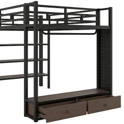Lit mezzanine en métal 140x200cm avec LED - Armoire ouverte et 2 tiroirs - Étagères+panneaux de rangement - Noir (sans matelas)