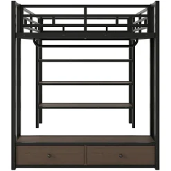 Lit mezzanine en métal 140x200cm avec LED - Armoire ouverte et 2 tiroirs - Étagères+panneaux de rangement - Noir (sans matelas)