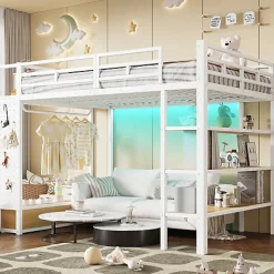 Lit mezzanine en métal 140x200cm avec LED - Armoire ouverte et 2 tiroirs - Étagères+panneaux de rangement - Blanc (sans matelas)