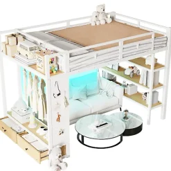 Lit mezzanine en métal 140x200cm avec LED - Armoire ouverte et 2 tiroirs - Étagères+panneaux de rangement - Blanc (sans matelas)