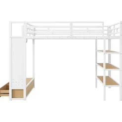 Lit mezzanine en métal 140x200cm avec LED - Armoire ouverte et 2 tiroirs - Étagères+panneaux de rangement - Blanc (sans matelas)