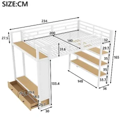 Lit mezzanine en métal 140x200cm avec LED - Armoire ouverte et 2 tiroirs - Étagères+panneaux de rangement - Blanc (sans matelas)