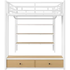 Lit mezzanine en métal 140x200cm avec LED - Armoire ouverte et 2 tiroirs - Étagères+panneaux de rangement - Blanc (sans matelas)
