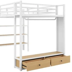 Lit mezzanine en métal 140x200cm avec LED - Armoire ouverte et 2 tiroirs - Étagères+panneaux de rangement - Blanc (sans matelas)