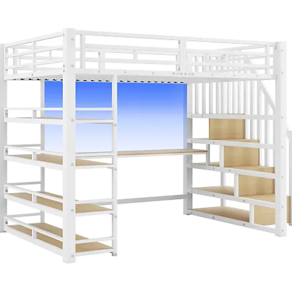 Lit mezzanine en métal 140x200cm - Avec bureau et compartiments de rangement - Avec LED et port USB - MDF - Blanc (sans matelas)