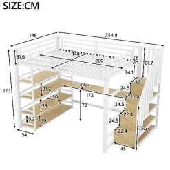 Lit mezzanine en métal 140x200cm - Avec bureau et compartiments de rangement - Avec LED et port USB - MDF - Blanc (sans matelas)