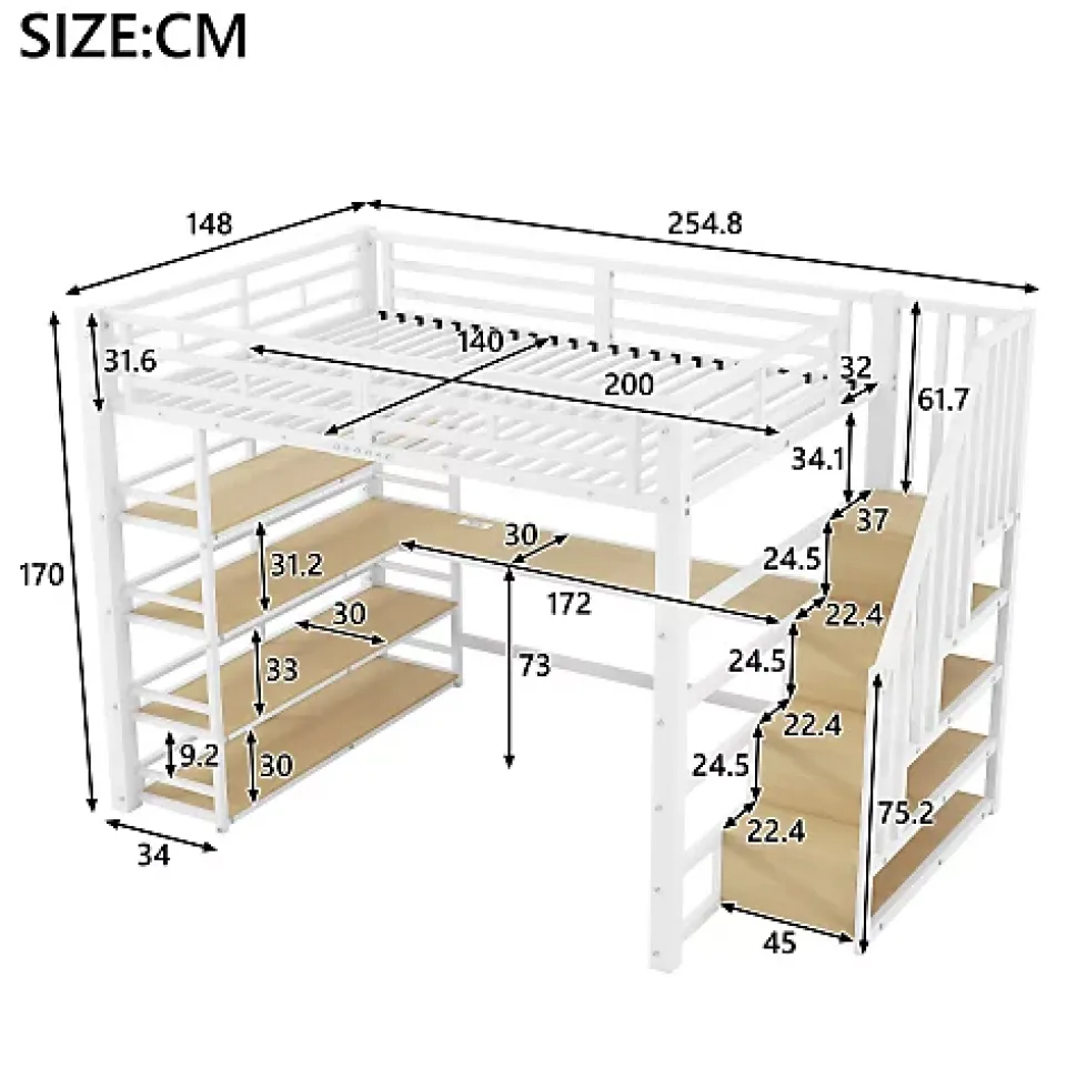 Lit mezzanine en métal 140x200cm - Avec bureau et compartiments de rangement - Avec LED et port USB - MDF - Blanc (sans matelas)