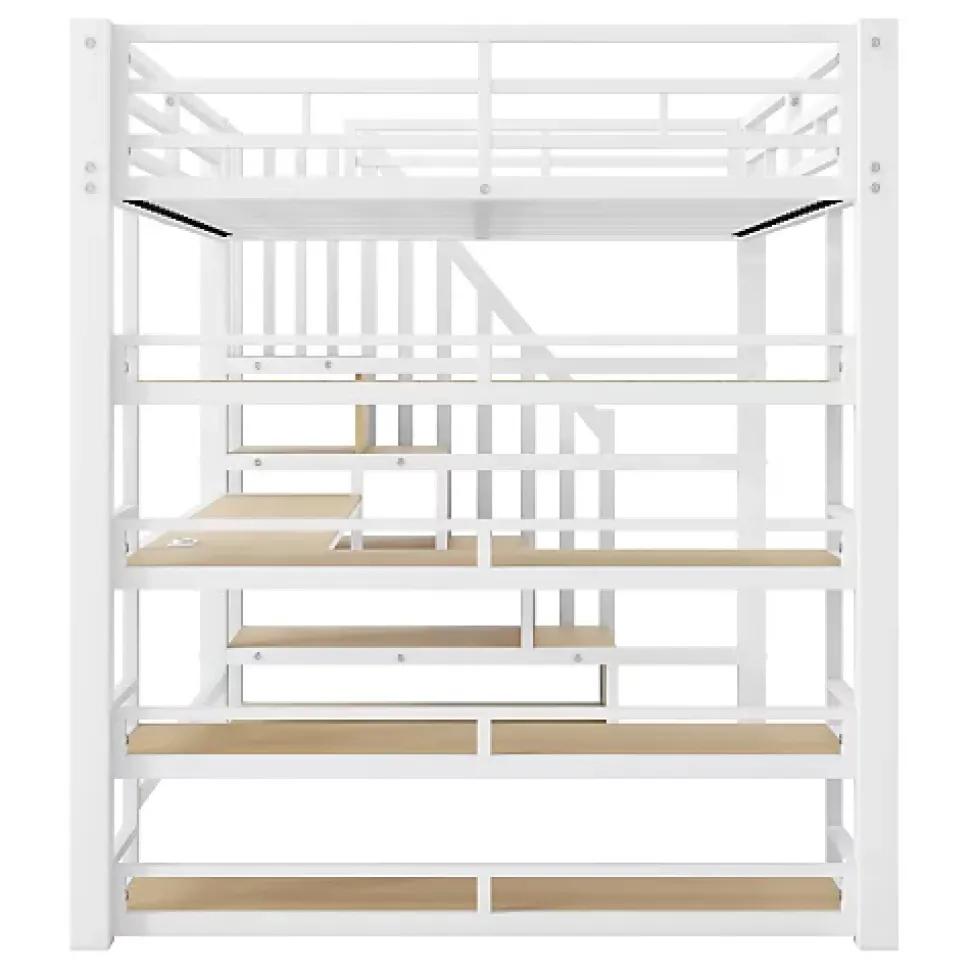 Lit mezzanine en métal 140x200cm - Avec bureau et compartiments de rangement - Avec LED et port USB - MDF - Blanc (sans matelas)