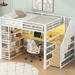 Lit mezzanine en métal 140x200cm - Avec bureau et compartiments de rangement - Avec LED et port USB - MDF - Blanc (sans matelas)