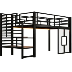 Lit mezzanine en métal 90x200cm - Avec escalier de rangement - Avec éclairage LED - Design fenêtre - Noir ( sans matelas )