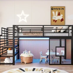 Lit mezzanine en métal 90x200cm - Avec escalier de rangement - Avec éclairage LED - Design fenêtre - Noir ( sans matelas )