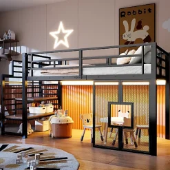 Lit mezzanine en métal 90x200cm - Avec escalier de rangement - Avec éclairage LED - Design fenêtre - Noir ( sans matelas )