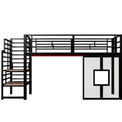 Lit mezzanine en métal 90x200cm - Avec escalier de rangement - Avec éclairage LED - Design fenêtre - Noir ( sans matelas )