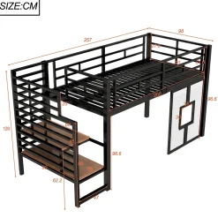 Lit mezzanine en métal 90x200cm - Avec escalier de rangement - Avec éclairage LED - Design fenêtre - Noir ( sans matelas )