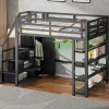 Lit mezzanine en métal 140x200cm - avec LED - échelle de rangement - avec armoire et étagères - Noir ( sans matelas)
