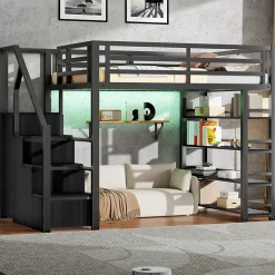 Lit mezzanine en métal 140x200cm - avec LED - échelle de rangement - avec armoire et étagères - Noir ( sans matelas)