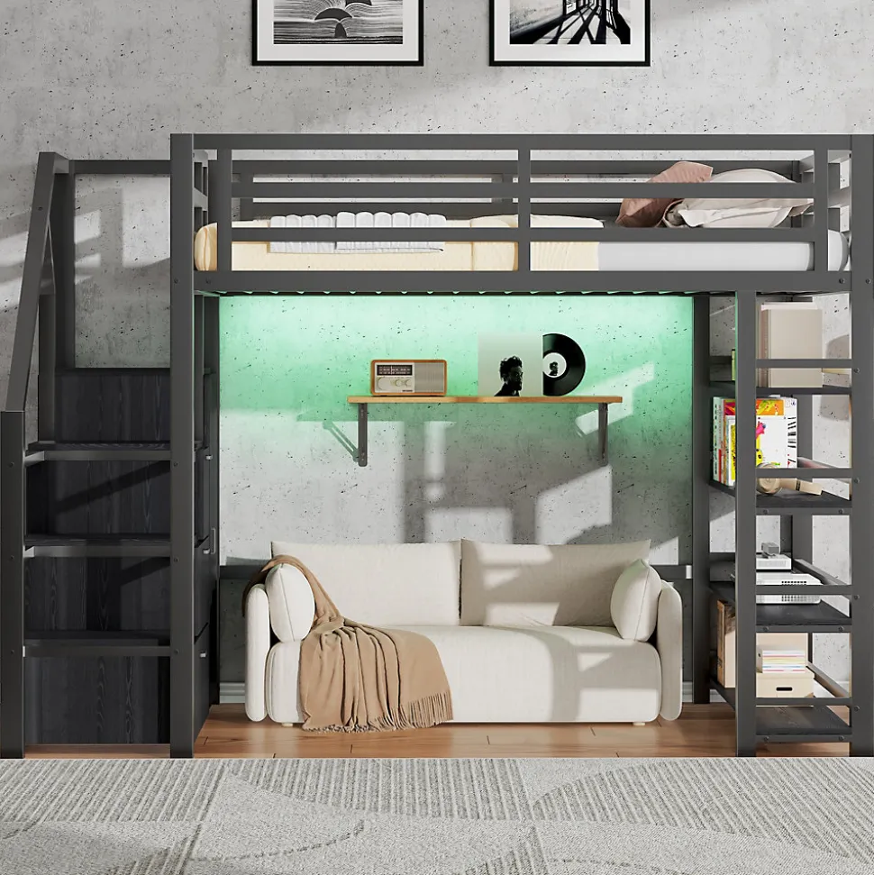 Lit mezzanine en métal 140x200cm - avec LED - échelle de rangement - avec armoire et étagères - Noir ( sans matelas)