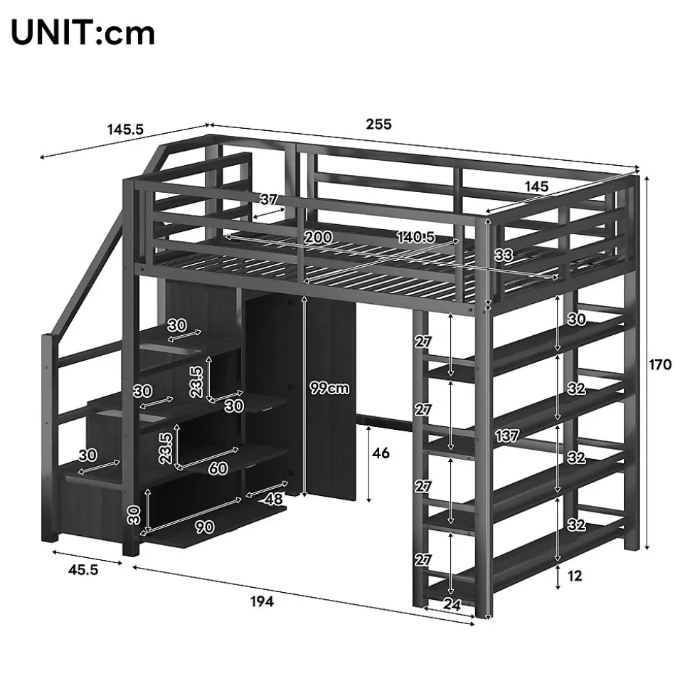 Lit mezzanine en métal 140x200cm - avec LED - échelle de rangement - avec armoire et étagères - Noir ( sans matelas)