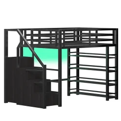 Lit mezzanine en métal 140x200cm - avec LED - échelle de rangement - avec armoire et étagères - Noir ( sans matelas)