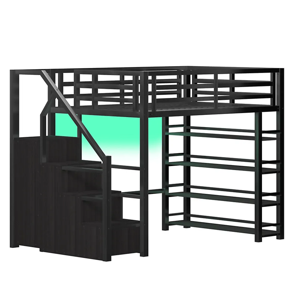 Lit mezzanine en métal 140x200cm - avec LED - échelle de rangement - avec armoire et étagères - Noir ( sans matelas)