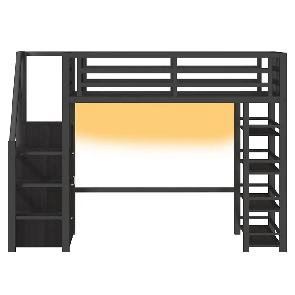 Lit mezzanine en métal 140x200cm - avec LED - échelle de rangement - avec armoire et étagères - Noir ( sans matelas)