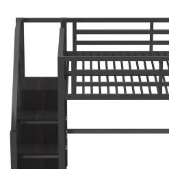 Lit mezzanine en métal 140x200cm - avec LED - échelle de rangement - avec armoire et étagères - Noir ( sans matelas)