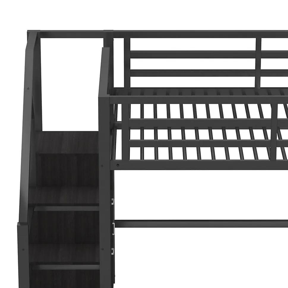 Lit mezzanine en métal 140x200cm - avec LED - échelle de rangement - avec armoire et étagères - Noir ( sans matelas)