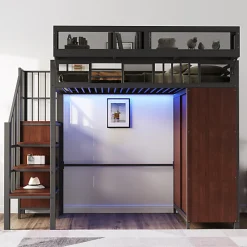 Lit mezzanine en métal 90x200cm avec armoire - échelle de sécurité - avec LED - barrières de sécurité - noir (sans matelas)