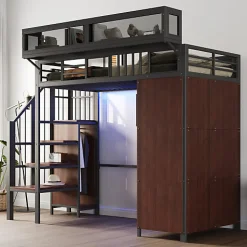 Lit mezzanine en métal 90x200cm avec armoire - échelle de sécurité - avec LED - barrières de sécurité - noir (sans matelas)