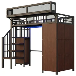 Lit mezzanine en métal 90x200cm avec armoire - échelle de sécurité - avec LED - barrières de sécurité - noir (sans matelas)