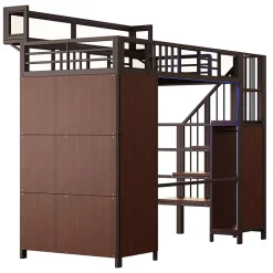 Lit mezzanine en métal 90x200cm avec armoire - échelle de sécurité - avec LED - barrières de sécurité - noir (sans matelas)