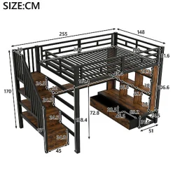 Lit mezzanine en métal 140x200cm avec LED - avec bureau et étagères - 2 tiroirs et escalier de rangement - Noir(sans matelas)